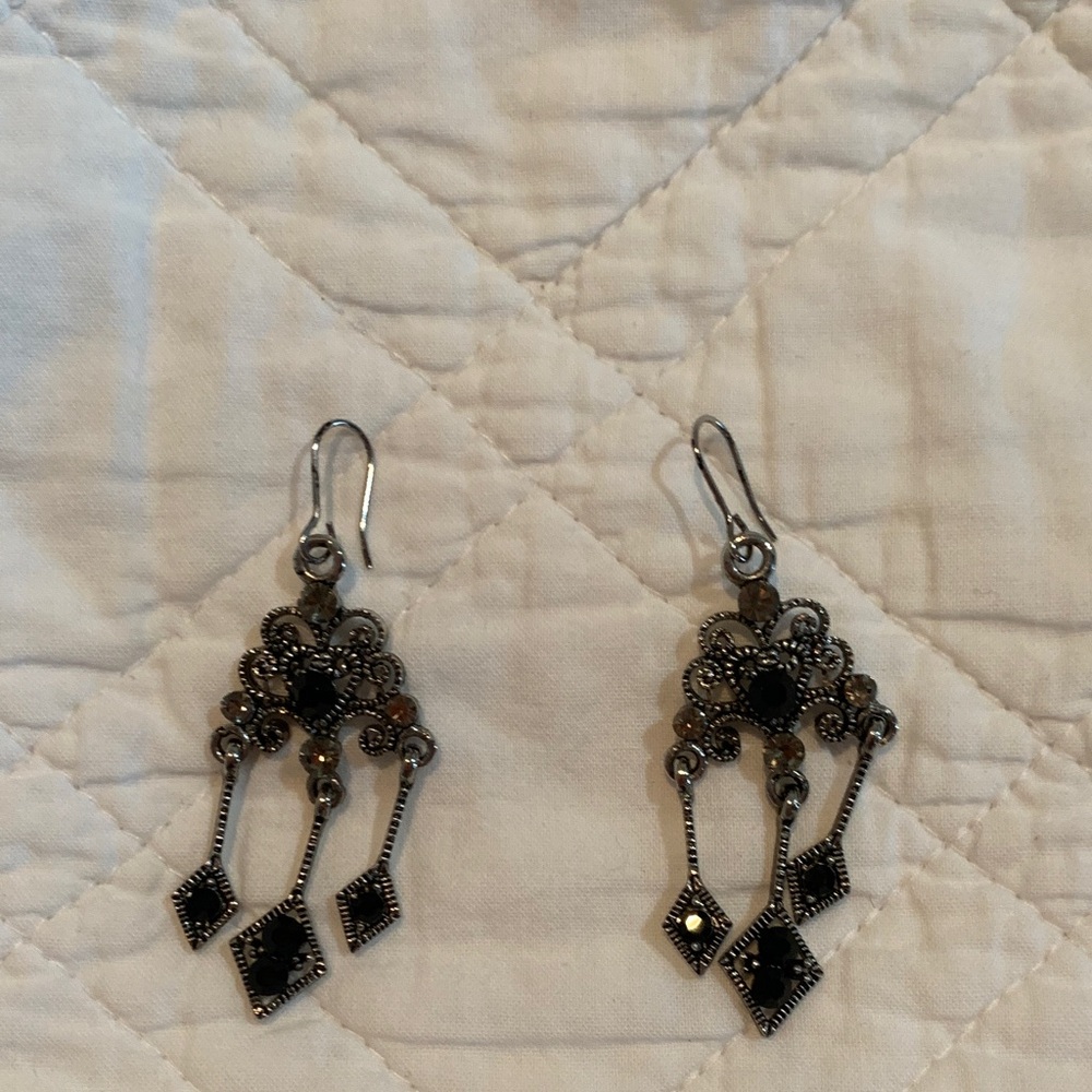 Silver-Tone Black Crystal Dangle Earrings